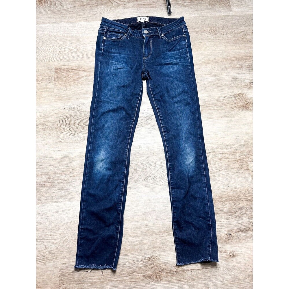 Paige Skyline Skinny Dark Wash Raw Hem Jeans Womens Blue 28